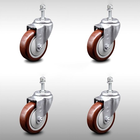 Service Caster 4 Inch SS Maroon Polyurethane Wheel Swivel 3/8 Inch Threaded Stem Caster Set SCC SCC-SSTS20S414-PPUB-MRN-381615-4